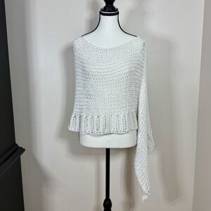 B&K Moda Women Poncho Sweater One Size White Open Knit Boho Asymmetrical